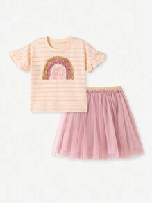 2pcs/Set Girls Outfit - Striped Ruffled Sleeve T-Shirt With Rainbow Embroidery & Pink Tulle Skirt, Cute & Fashionable Summer Outfit - Pink - View 2