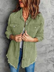 Green Denim Jacket Jeans Flap Pocket Drop Shoulder Denim Jacket Women's Ripped Distressed Denim Jacket Casual Long Sleeve Boyfriend Jean Coat Basic Jackets - Green - View 6