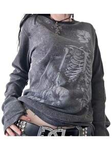Camisetas con estampado de calavera estilo Y2K para mujeres, blusas holgadas de manga larga de cuello redondo con estilo gótico, grungy y de hada, ropa de streetwear de los 90 para chicas e-girl y emo, prendas de otoño y primavera - Negro - Ver 2