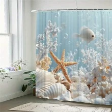 Starfish Art Pattern Shower Curtain With 12 Hooks - Machine Washable, Suitable For Home, Hotel Or Washable Bathroom, Non-Sheer, Bathroom Decor, Autumn Decor, Bathroom Accessories, Back To School - Multicolor - View 2
