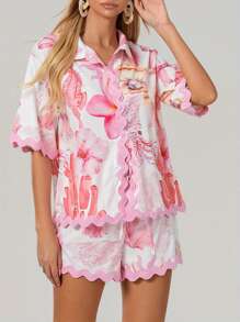 Women 2 Piece Shorts Sets Graphic Short Sleeve Button Shirt Wide Leg Lounge Shorts Outfit