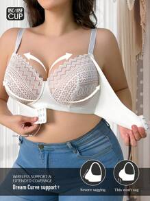 Plus Size Women Front Closure Lace Wireless Padded Bra - White - View 1