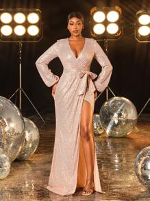 Faeriesty Glamorous Party Dress With Surplice Neckline, Lantern Sleeves & Sequin-Embellished Belt, Elegant Evening Gown, Wedding Guest Dress, Formal Dress - Champagne - View 4