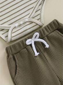 Infant Baby Boys 2Pcs Tracksuit Stripes Print Long Sleeve Romper Elastic Waist Long Pants Set Casual Clothes Set Spring Fall - 軍綠色 - 查看 6