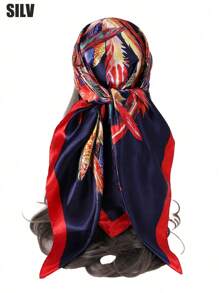 1入組女性羽毛和鏈條印花圍巾，頭巾，方形圍巾，頭巾，頭部包裝，頭部包裝上衣，波希米亞風格頭巾，髮箍，頭帶，時尚配件波希米亞風格頭巾，理想裝飾您的造型 - 寶藍色 - 查看 10