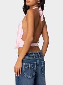 Women's Halter Neck Cami Tops Sleeveless Open Back Deep V Neck Slim Fit Tank Tops - Pink - View 8