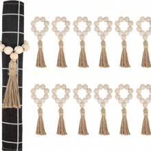 Bohemian Hand-Woven Napkin Rings With Fringe And Wooden Beads, Adjustable For Rustic Farmhouse Table Settings - wood - View 1