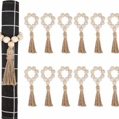 Bohemian Hand-Woven Napkin Rings With Fringe And Wooden Beads, Adjustable For Rustic Farmhouse Table Settings