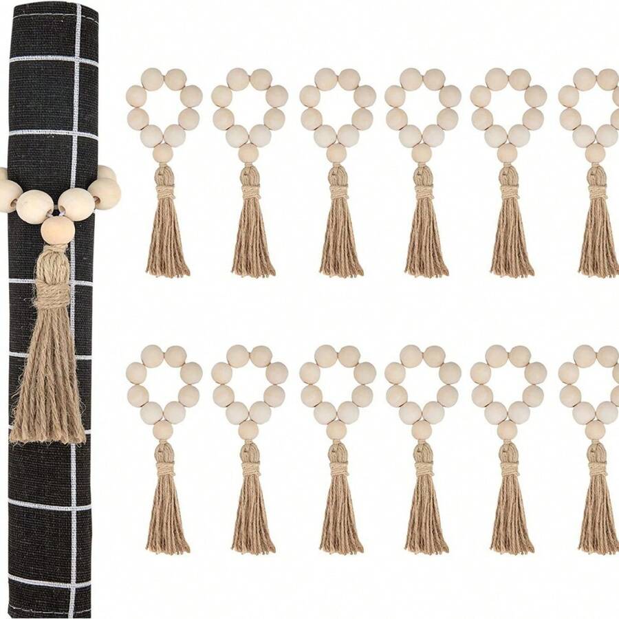 Bohemian Hand-Woven Napkin Rings With Fringe And Wooden Beads, Adjustable For Rustic Farmhouse Table Settings - wood - View 1