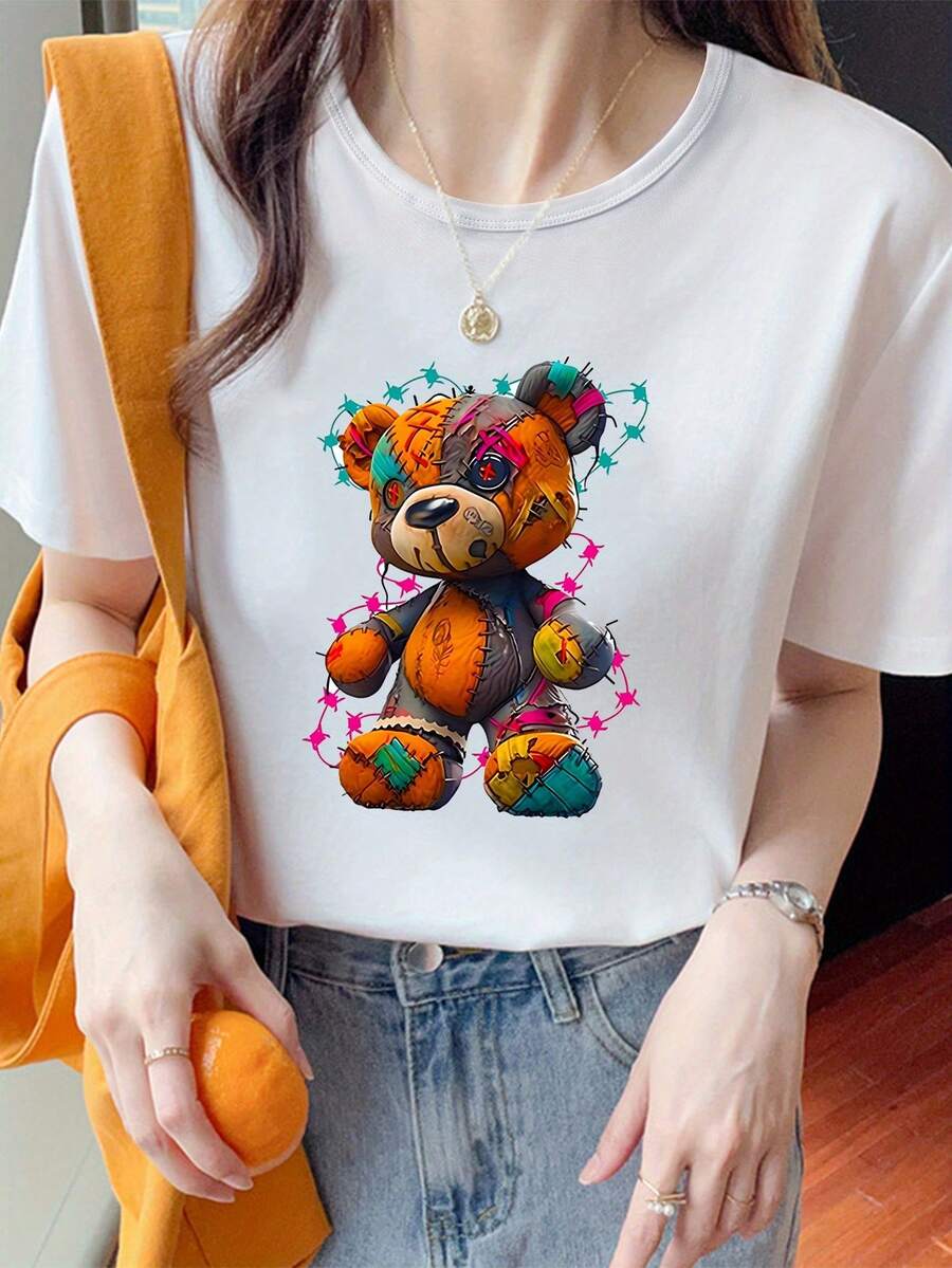 Women's Cute Cartoon Bear Print T-Shirt, Women's T-Shirt 220g Pure Cotton, Casual Crew Neck, Great For Outings, Relaxed Street Style. - White - View 1