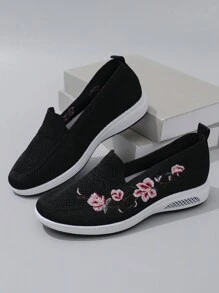 STEPREACH 女士休闲鞋运动平底鞋绣花鞋，中国刺绣缓冲透气舒适 - 黑色 - 查看 6