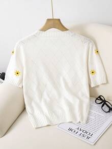 GIGOGOU Women's Fashionable Embroidered Short Sleeve T-Shirt, Breathable Embroidered Knit Tee For Summer - White - View 2