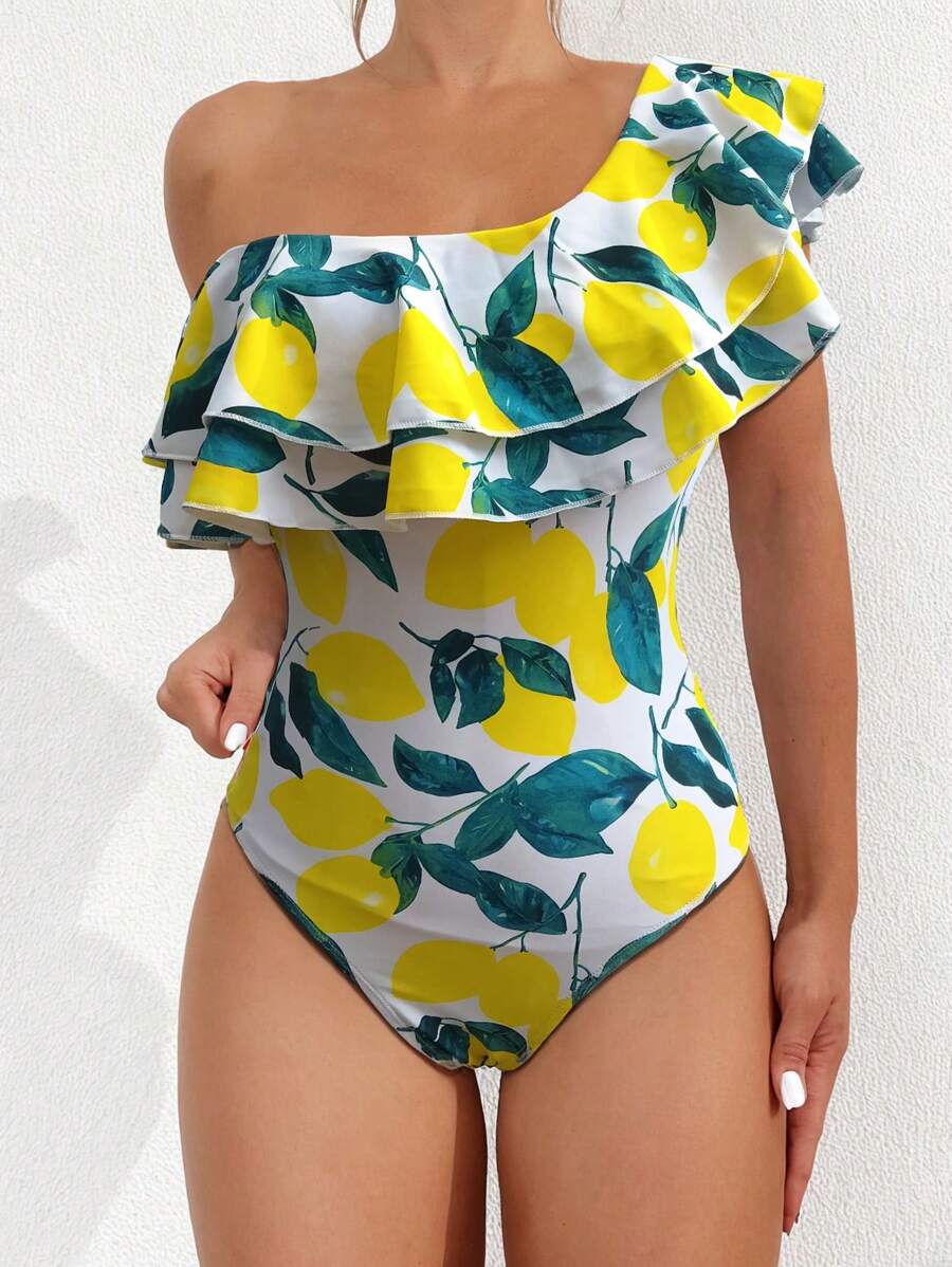 1 pieza Traje de baño de una pieza con hombro descubierto, volantes y estampado de limón, para mujer, para vacaciones de verano en la playa