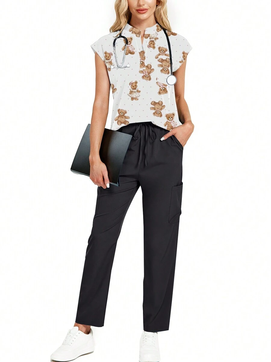 2pcs/Set Teddy Bear All-Over Print Mock Neck Sweatshirt And Sweatpants Loungewear