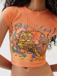 Women's Y2K Slim Crop Tops Letter Tiger Print Short Sleeve Round Neck Show Navel Baby Tees Summer Going Out T Shirt Tops Streetwear