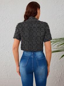 Elegante Blusa De Mujer De Manga Corta,Camisa Corta Con Patrón De Cuadros Para Verano,Blusa Con Solapa y Botón Delantero - Negro - Ver 3