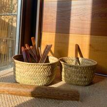 1pc Natural Seagrass Woven Storage Basket, Small Round Flower Pot & Home Decor Organizer For Living Room, Kitchen, Entryway