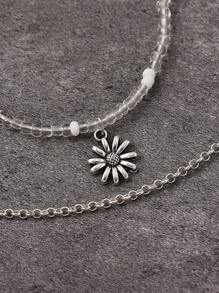 2pcs Simple Fashionable Daisy Pendant & Bead Anklet Set, Suitable For Women Beach Holiday Daily Wear - Multicolor - View 4