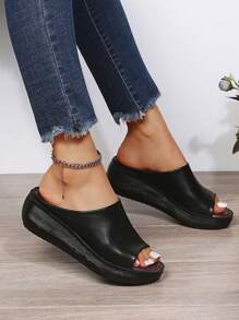 New Summer Solid Black Strap Sandals Women Wedge Platform Thick Sole Slide Slippers