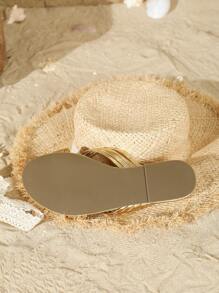 Damen Gold gewobenes Metallic-Riemen Kreuz-Überkreuz Slip-On Flache Sandalen mit rutschfester TPR Sohle - Gold - Übersicht 4