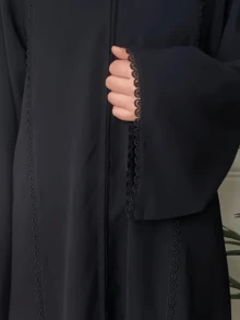 Abaya Elegante de Cor Sólida Estilo Turco/Modesta com Zíper e Renda para Mulheres