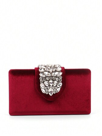 勃艮第 Ancora 新款秋冬高端闪亮金丝绒，闪亮水钻扣小盒手拿包优雅精致的晚宴包，适合宴会、派对或婚纱，可用作手提包和斜挎包，小巧的晚宴包，非常适合派对、婚礼、舞会、晚宴/宴会，送给女性的最佳礼物，时尚派对包，非常适合派对、婚礼、舞会、晚宴/宴会