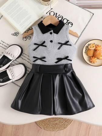 年轻女孩时尚优雅无袖上衣 + 百褶裙套装，夏季