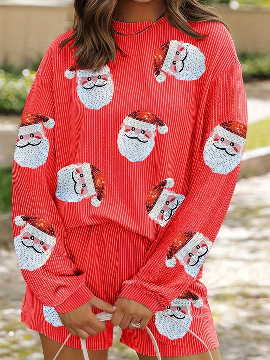 Conjunto de dos piezas para mujer, para estar en casa, con manga larga, cuello redondo, lentejuelas, calabaza/lentejuelas, jersey de Papá Noel y pantalones cortos. - Rosa - Ver 1