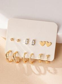 1 对经典时尚优雅学院风透明宝石装饰心形和叶形 6 对小耳钉和环状耳环套装送给女性的礼物，适合日常佩戴和珠宝收藏情人节 - 銀色 - 查看 2