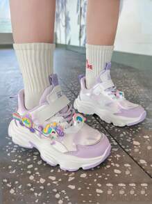 女童运动鞋春秋新款钩环童鞋厚底中大童休闲卡通运动鞋校园跑步鞋幼儿厚底运动鞋 - 紫色 - 查看 7