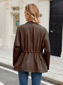 ZIAI Women Plain Long Sleeve Drawstring Waist Zipper Front Regular Jacket - Brown - View 5