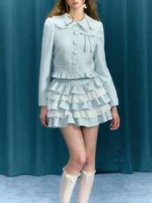 Women Plaid Mini Skirts High Waist Lace Patchwork A-Line Skirts Layered Ruffle Skirts - Blue - View 3