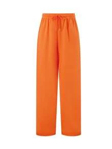 Women's Casual Joggers Sweatpants Solid Color Drawstring High Waist Wide Leg Trousers - Orange - View 7
