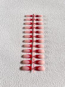 Enhance Your Appearance With 24 Rectangular Red French Minimalist Design Fake Nails Press On Nails - Multicolor - View 3