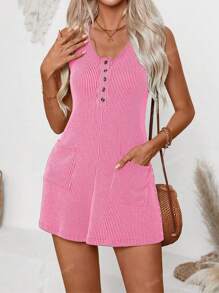 Summer Rompers For Women Solid Color Sleeveless Ribbed Casual Jumpsuit With Pockets