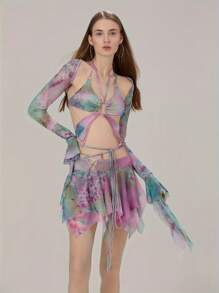 Women's 3 Piece Summer Outfits Long Sleeve Shrug Tops Tie Dye Print Vest Irregular Mini Skirt Set - 綠色 - 查看 5