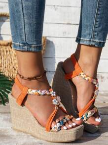 Sandalias de cuña con decoración floral, de suela tejida de cuerda y punta cuadrada, para talla grande - Modelo 2025