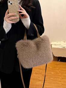 时尚毛绒横款方形毛绒包，都市简约磁扣开口大容量日常手提包斜挎包 - 咖啡棕 - 查看 5