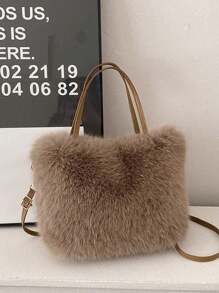 时尚毛绒横款方形毛绒包，都市简约磁扣开口大容量日常手提包斜挎包 - 咖啡棕 - 查看 3