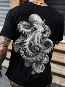 New Men's Summer Casual 3D Octopus Printed T-Shirt, Breathable Polyester Crew Neck, Short Sleeve - Perfectly Matching Casual Wear - Black - View 3