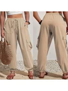 Women Plus Size Cargo Pants, Elastic Waist Solid Loose Trousers With Pockets Streetwear For Casual Daily L-4XL - Khaki - View 6