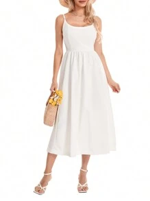 Women's Summer Midi Dress Solid Color Sleeveless Backless Party Dress Spaghetti Strap Beach Dress - trắng - Xem 7