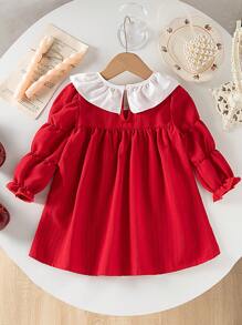 Vestido casual con cuello de volantes y mangas abullonadas para niña bebé, adecuado para uso en exteriores, fiestas y uso diario, primavera y otoño - Rojo - Ver 2