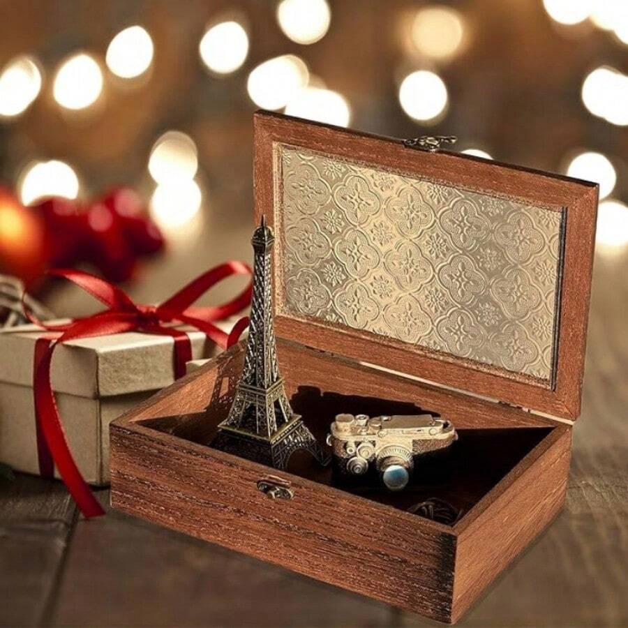 Caja de almacenamiento de joyas, caja de almacenamiento de madera vintage con tapa de vidrio, caja de recuerdos, cajas de almacenamiento decorativas para fotos, recuerdos, joyas, accesorios, regalos de Navidad y decoración del hogar Día de San Valentín - color retro - Ver 1