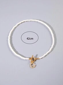 imoli 1 件时尚优雅仿珍珠字母 G 水钻装饰吊坠项链，百搭设计，适合女性、宴会和礼物（手工链条切割成不同尺寸，珠子数量各异） - 28891-white - 查看 9