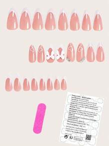 Exprimez votre amour avec 24 faux ongles en forme d'amande pour la Saint-Valentin. Style français blanc élégant simple avec cristaux 3D, nœuds roses. Faux ongles roses en forme de cœur mignon pour la Saint-Valentin et la Fête des Mères. Kit complet de faux ongles pour femmes et filles, comprend un salon de manucure avec 1 pièce de gel jelly et 1 lime. Expédition aléatoire du gel jelly.