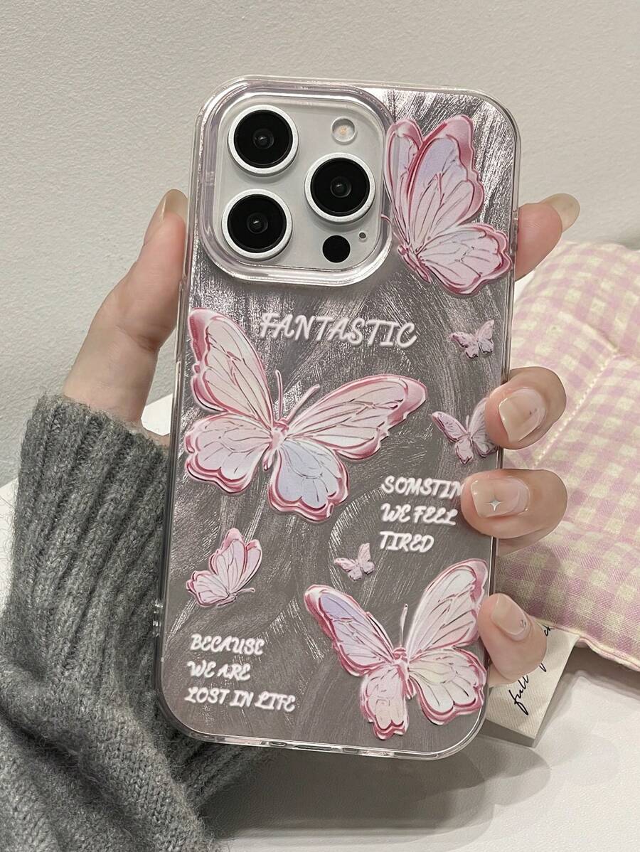 1pc Fashion Transparent Glossy Butterfly Print Mobile Phone Protective Case, Compatible With Iphone11/12/13/14/15/16 16PRO 16PROMAX, Series GalaxyA05/A15/A25/A35/A53/A54/A55/S23/S24ULTRA,International Version, Not The Domestic Version