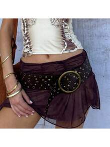 1pc Women's Retro Western Style Metallic Distressed Bronze Grommet Hollow Belt With Waist Chain, Fashion Accessory For Dress, Suitable For Daily Wear Summer, School Fall, Autumn, Halloween