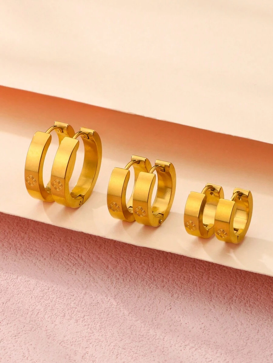 1 对/2 件 4 毫米宽不锈钢可爱耳环 女士环形耳环 珠宝 - 金色 - 查看 1