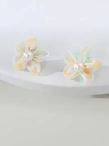 1 对可爱马卡龙色网状和人造珍珠花朵设计儿童时尚派对耳环，最佳朋友礼物 - 1對花朵耳環 - 查看 9